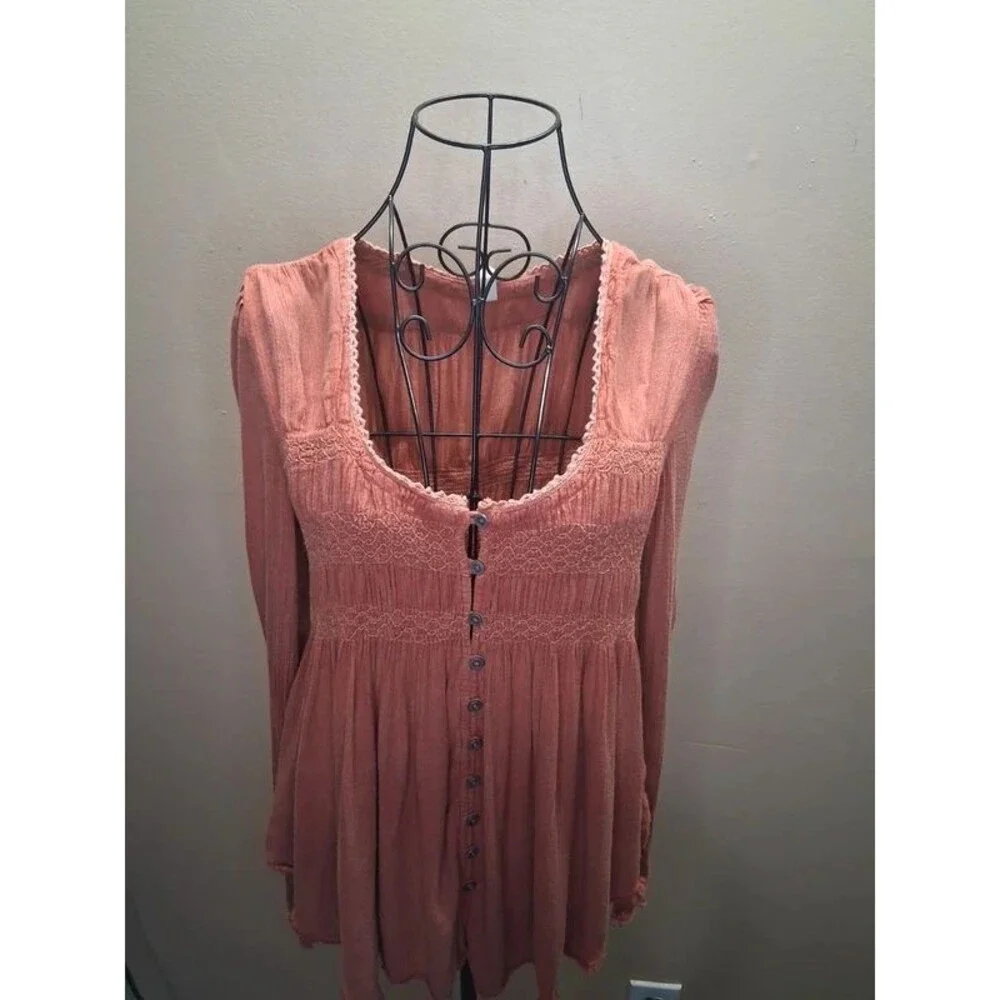 Y2K Vintage Smocked Peasant Tunic Top S/P Rose Brown Boho